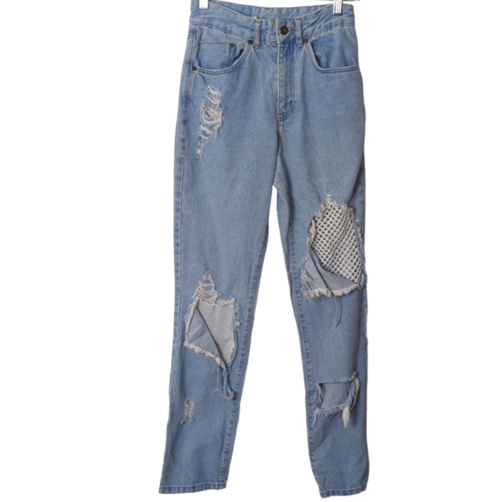 The Ragged Priest Light Wash Rigid Denim Distressed Fishnet Mesh Detail Jeans 24